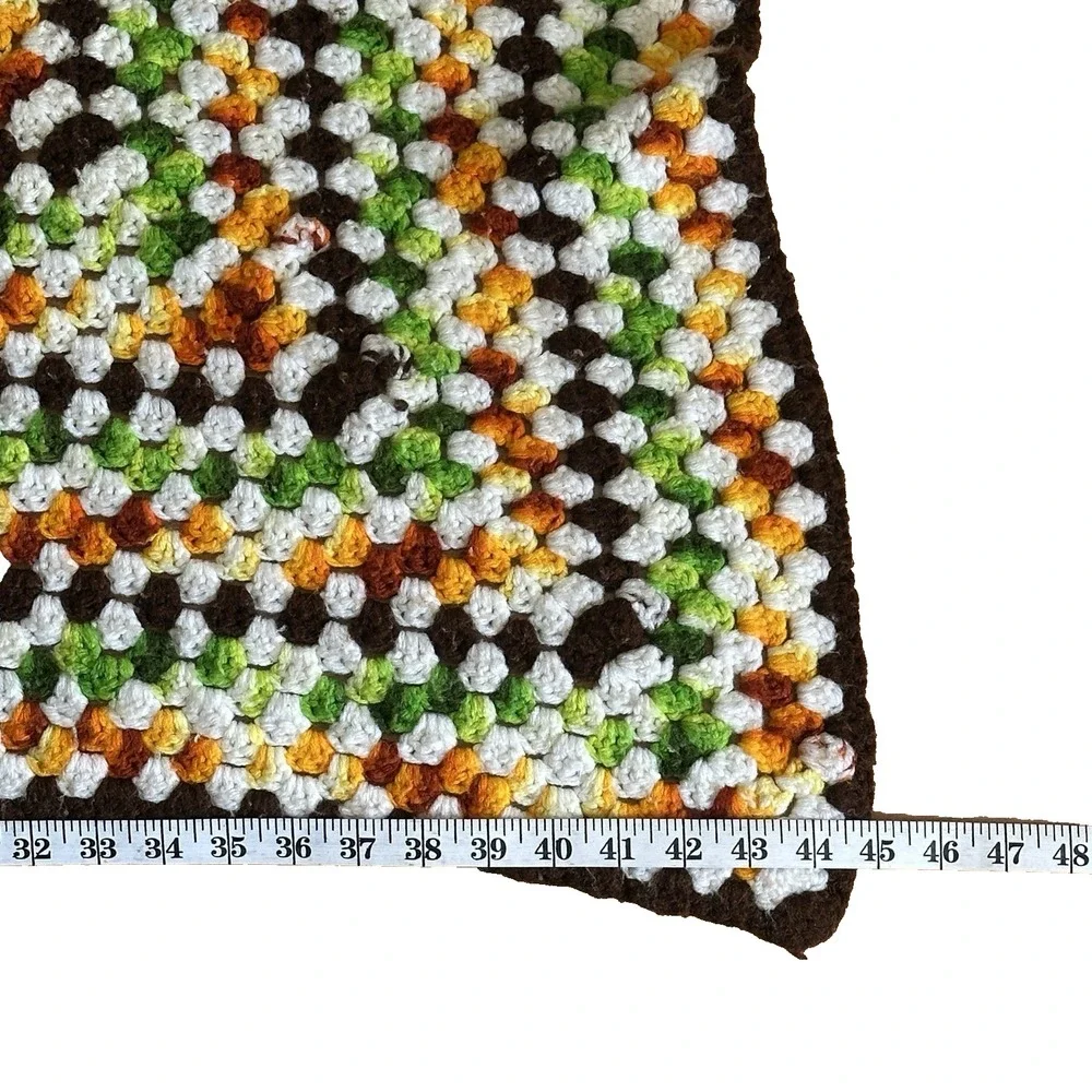 Vintage Handmade Granny Square Afghan Blanket Throw Green Brown White 45X34